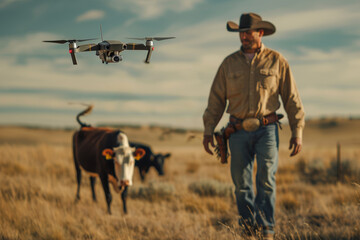 Rancher and drone monitoring cattle in the vast open prairie under a clear sky