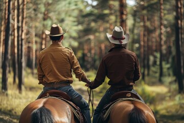 Gay cowboys holding hands while riding horses through a serene forest
