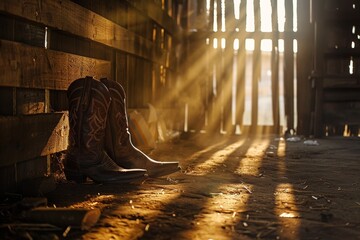 Golden sunlight illuminating dusty cowboy boots in a rustic barn