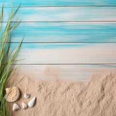 Beach sand and turquoise wooden background with copy space for summer vacation concept, text on the right side