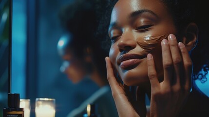 A joyful expression on a woman's face as she applies a nutrient-rich night cream, the UHD camera highlighting the luxurious texture and the mirror showcasing her relaxation. - obrazy, fototapety, plakaty