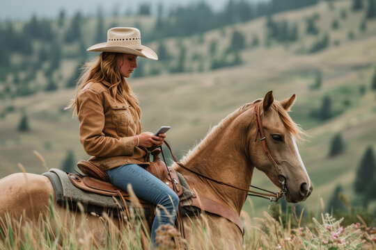 Young woman in cowboy attire using phone while riding horse in scenic hills