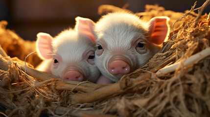 Tiny piglets snuggling together for warmth in a rustic barn, their oinking sounds and cozy nest creating a heartwarming image of farm life.
