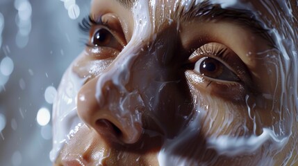 A joyful moment as a woman massages a luxurious cream onto her face, the high-resolution image capturing the texture and smoothness.