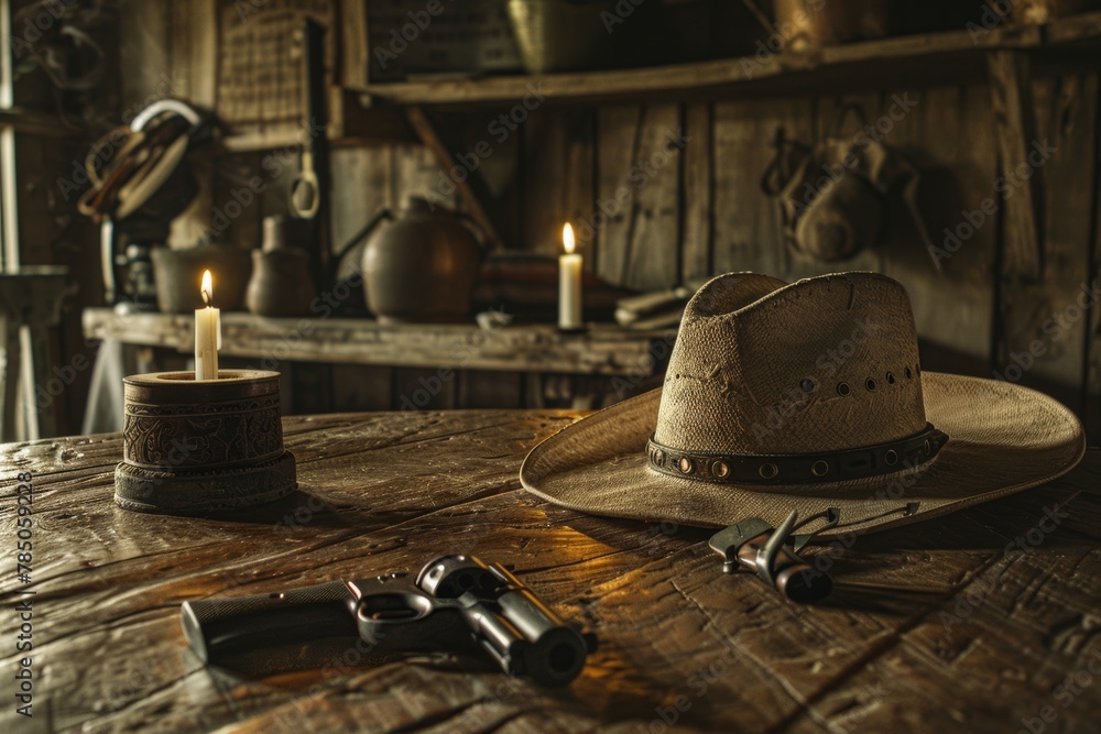 Wall mural Cowboy hat and revolver on a rustic wooden table in a dimly lit cabin