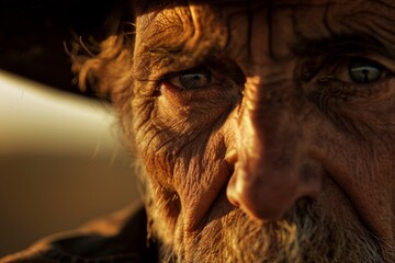 Intense close-up portrait of an elderly man in the warm light of dusk