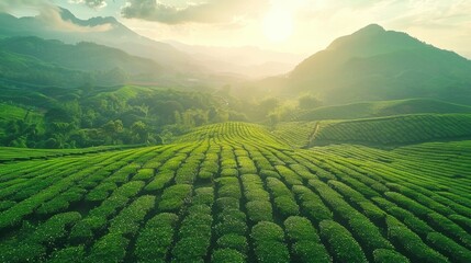 Serene Green Tea Plantation at Sunrise in Lush Mountains