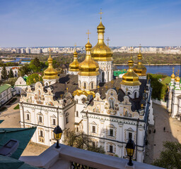 Fototapeta na wymiar View to Kyiv skyline and the Pechersk Lavra from the Bell Tower 