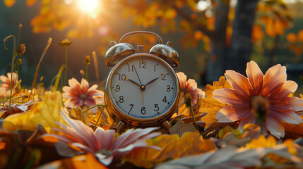 Daylight saving time ends. Alarm clock on beautiful nature background with summer flowers and autumn leaves