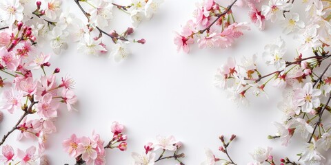 Spring Blooms Frame on White Background - Cherry Blossoms Arrangement