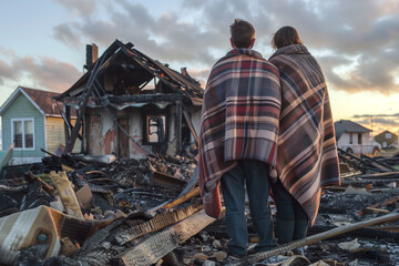 Two people wrapped in a blanket looking at the remains of a burnt house.