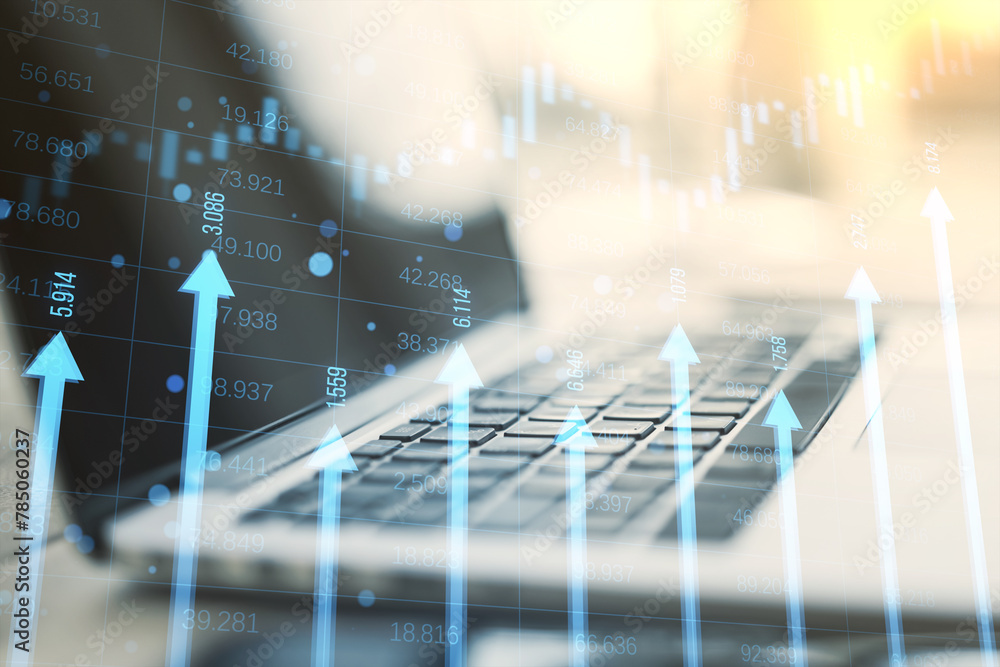 Aufkleber close up of laptop computer at desk with growing blue vertical arrows and candlestick forex chart on