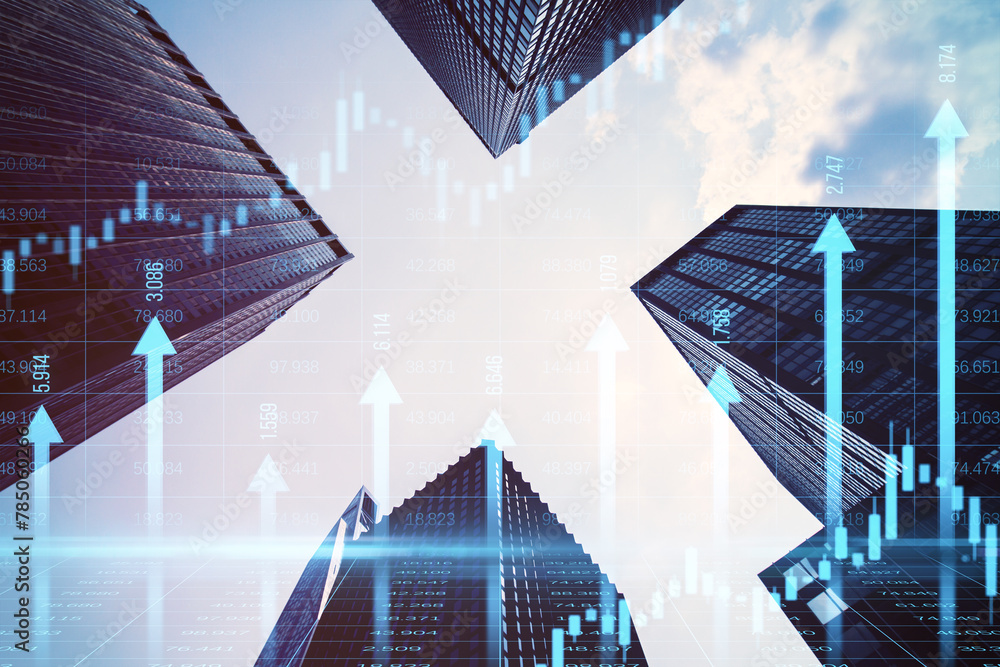 Poster abstract growing blue vertical arrows and candlestick forex chart on blurry city index grid backdrop