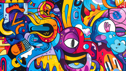 Vibrant Abstract Mural with Dynamic Characters