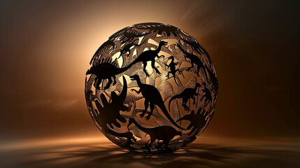 Sphere with fossil silhouettes, blending from earthy brown to paleontological grey.