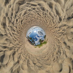 blue hole sphere little planet inside sand or dry grass round frame background