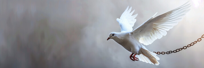 A majestic white dove spreads its wings, breaking free from the shackles of chains against a soft grey background - obrazy, fototapety, plakaty