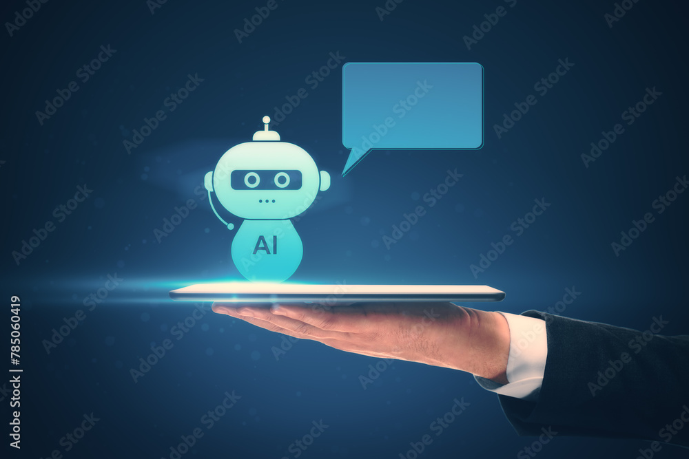 Poster close up of businessman hand holding smartphone with creative ai robot hologram with speech bubble f