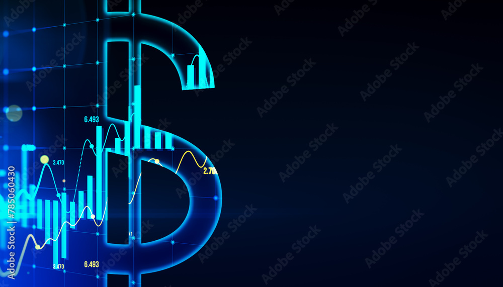 Poster Creative tech dollar sign on dark backdrop with mock up place. Crypto, online banking, digital transformation and finance concept. 3D Rendering.
