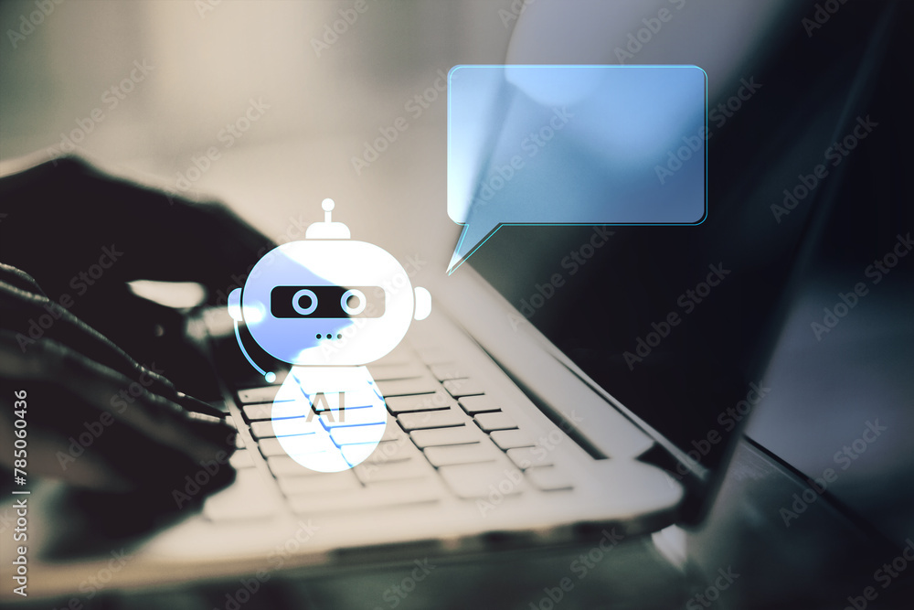 Poster Close up of backlit female hands using laptop at desk with creative AI robot hologram with speech bubble for your text on blurry background. Chat GPT and customer support concept.