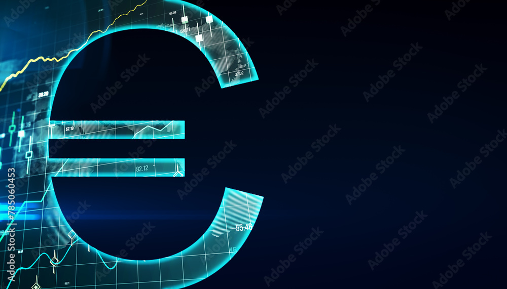 Poster creative tech euro sign on dark background with mock up place. crypto, online banking, digital trans