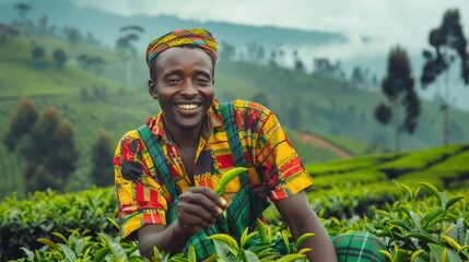 Smiling African Farmer in Traditional Attire at Tea Plantation