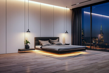 Fototapeta premium Modern bedroom design with overhead lighting and urban night view. Contemporary elegance concept. 3D Rendering