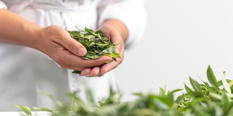 Naklejka na ściany i meble Freshly Picked Green Tea Leaves Held in Hands on White Background