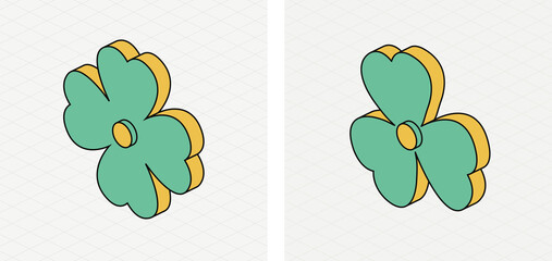 Three and four leaf clover. Isometric icon. Symbol of Saint Patrick day.