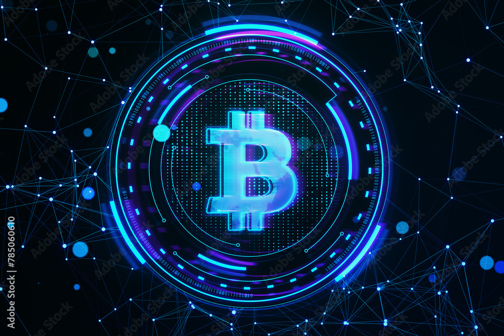 Poster creative round futuristic bitcoin sign on dark polygonal backdrop. crypto, online banking, digital t