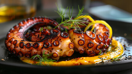 Grilled octopus on black plate. Traditional Mediterranean dish