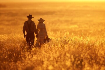 Golden Hour Walk Through a Prairie: Cowboy and Cowgirl Hand in Hand in the Heartland