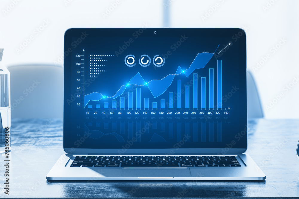 Poster close up of laptop with growing digital business chart on blurry background. business strategy devel