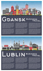 Lublin and Gdansk Poland city skyline set with color buildings, blue sky and copy space. Cityscape with landmarks.