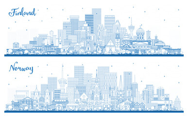 Outline Norway and Finland city skyline set with blue buildings. Concept with historic and modern architecture. Cityscape with landmarks. Helsinki. Espoo. Vantaa. Oulu. Turku. Oslo. Stavanger.