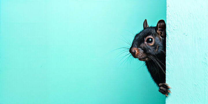 A black squirrel looking around a corner on a pastel blue background