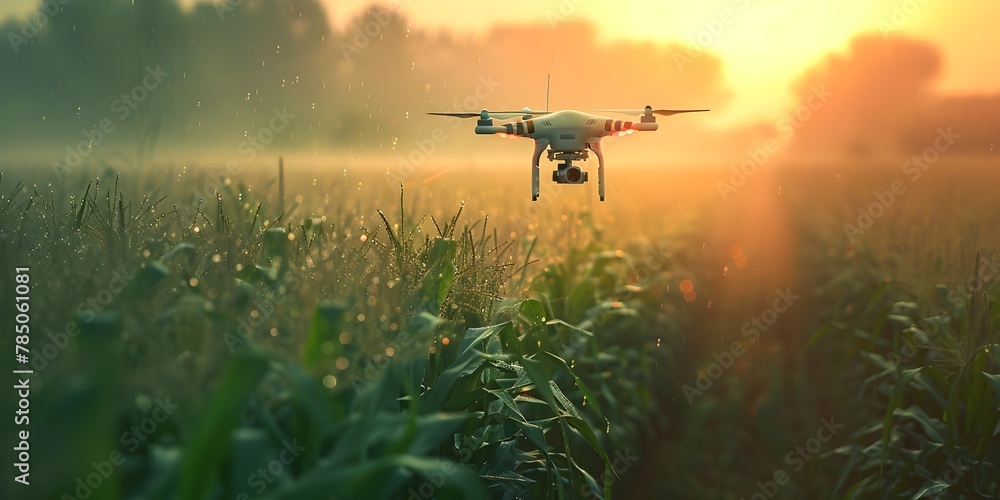 Poster drone monitoring cornfield after storm to capture environmental data and optimize resource managemen