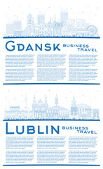 Outline Lublin and Gdansk Poland city skyline set with blue buildings and copy space. Cityscape with landmarks. - obrazy, fototapety, plakaty