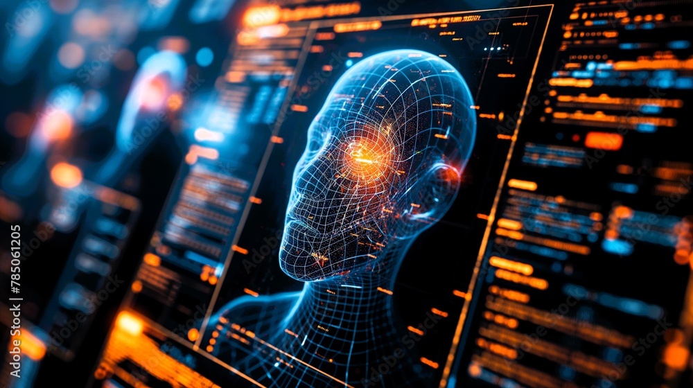 Poster a computer screen shows a face with a large eye , a small mouth. the face is surrounded by a grid of