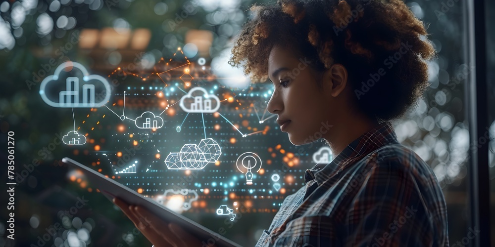Poster young entrepreneur accessing business analytics on tablet with floating cloud data icons
