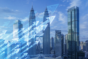 Abstract growing arrows on blurry city background. Success, progress and result concept. Double...