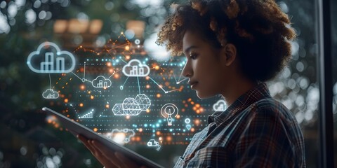 Young Entrepreneur Accessing Business Analytics on Tablet with Floating Cloud Data Icons