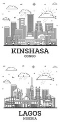Outline Lagos Nigeria and Kinshasa Congo City Skyline set with Modern and Historic Buildings Isolated on White. Cityscape with Landmarks.