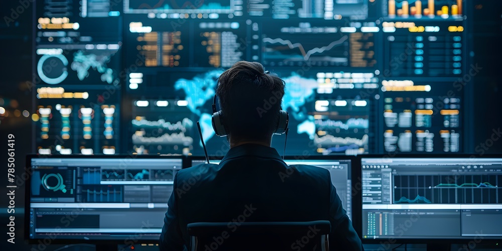Poster vigilant cloud security analyst monitoring network integrity and web stored data on advanced digital