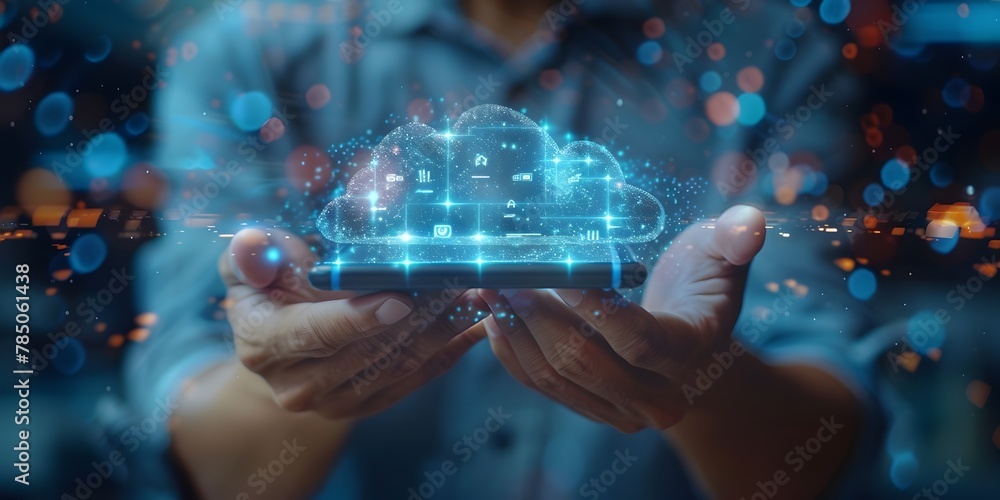 Poster businessman utilizing cutting edge cloud storage management and analytical 3d interface for business