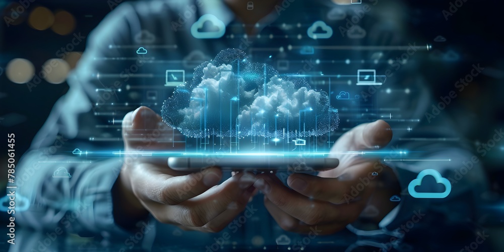 Poster businessman utilizing mobile app to manage cloud storage resources on virtual 3d interface