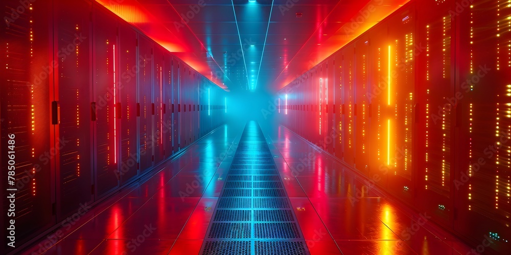 Poster glowing server room visualizing the speed and efficiency of cloud data transmission in a futuristic 