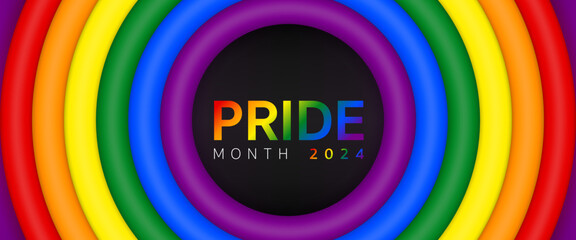 3d Pride month background 2024 banner template, Logo LGBT, LGBTQ, LGBTQIA Pride flag with colorful rainbow. Symbol of pride month june support. LGBTQ+ parade annual summer event, Vector Illustration.