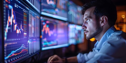 Financial Analyst Reviewing Real Time Market Data on Multiple Monitors in Cloud Connected Workspace