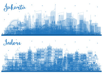 Outline Indore India and Jakarta Indonesia City Skyline set with Blue Buildings. Cityscape with Landmarks.